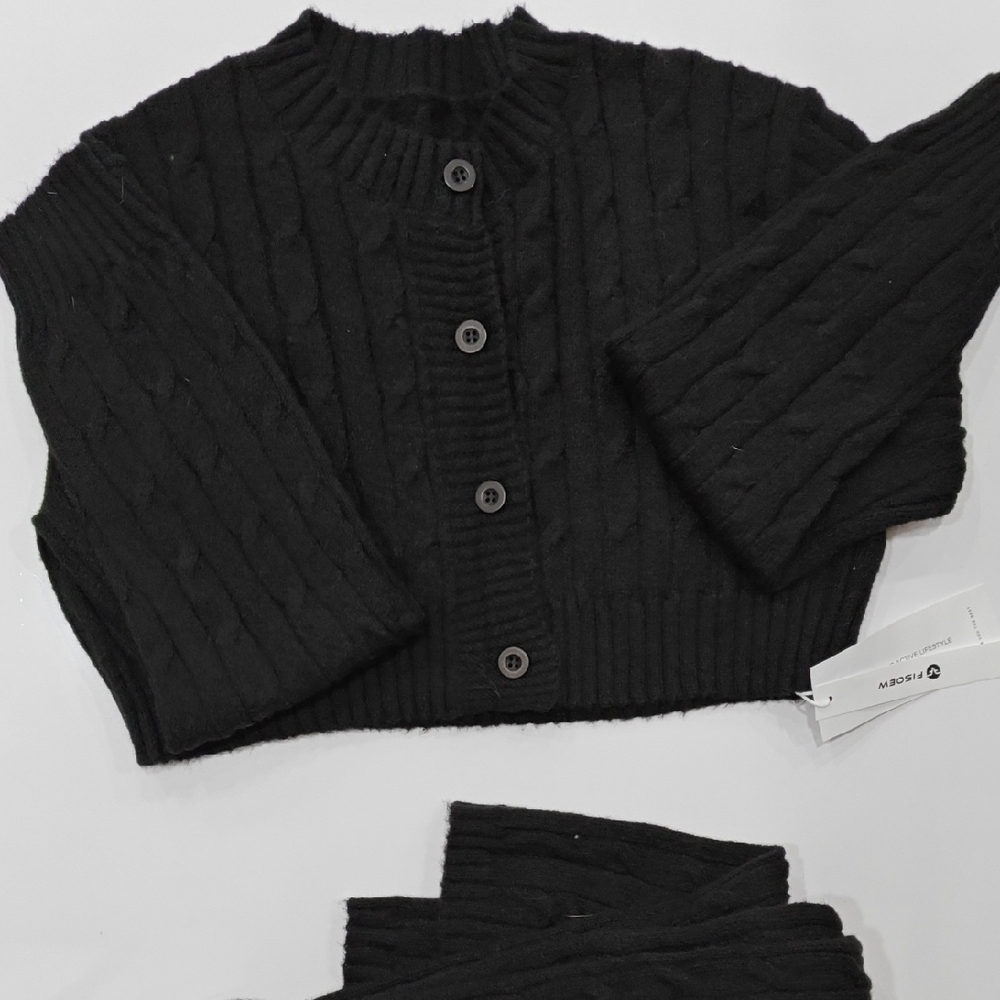 Black Cable Knit Cropped Cardigan Pants Set